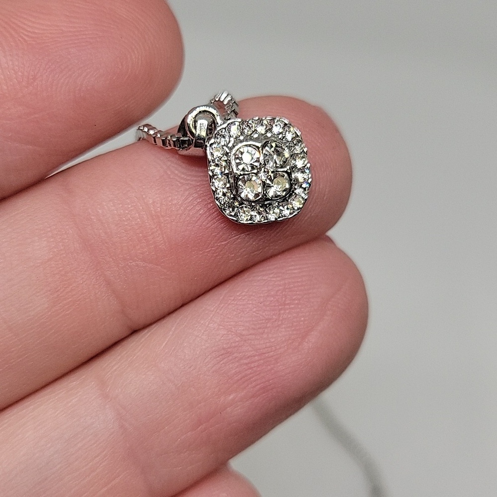 Rhinestone Square 1/4" Charm 17" Silver Tone Necklace Box Chain